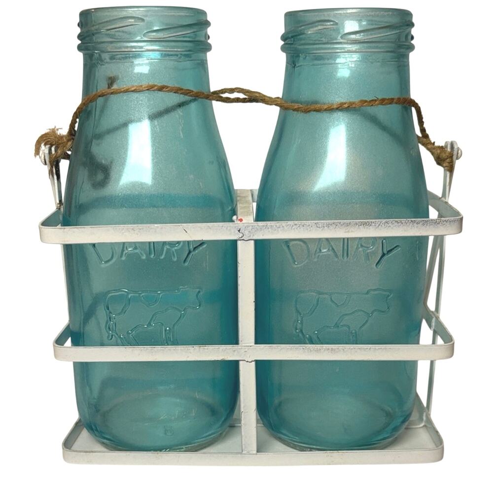 Blue Glass Milk Bottle Vase Set In Metal Carrier Farmhouse Cottage Decor